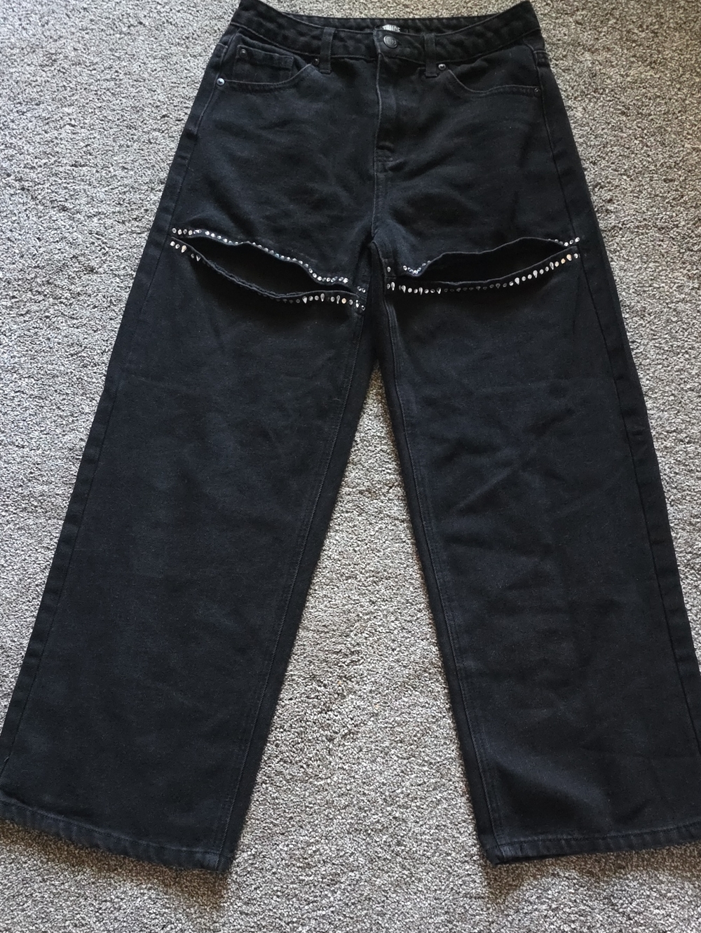 Black Wide-Leg Jeans with Rhinestone Trim